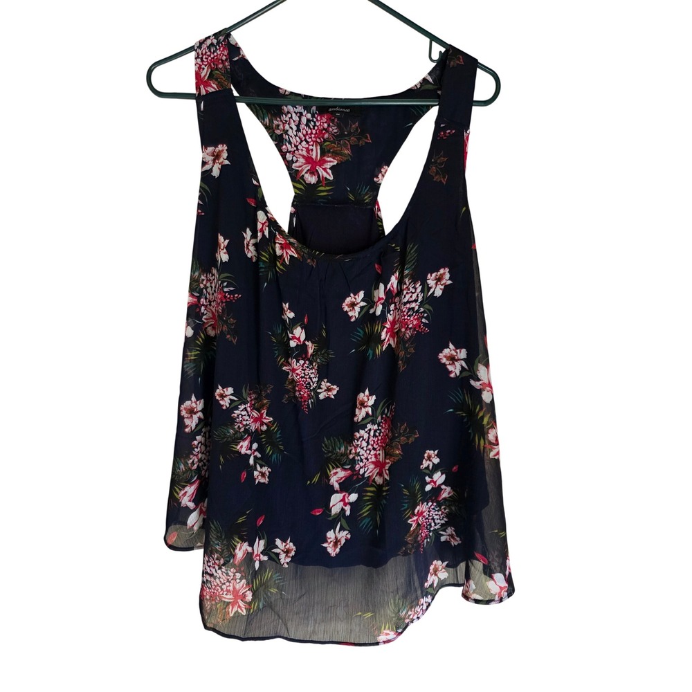 Ambiance Womens 3X Floral Racerback Tank Top Navy Blue Tropical Sheer Blouse